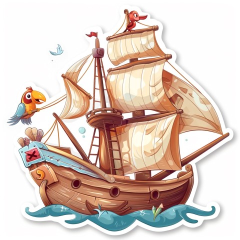 Cute Kawaii Stickers Adventurous Pirate Ship with Cheeky Parrot on White Background (159)