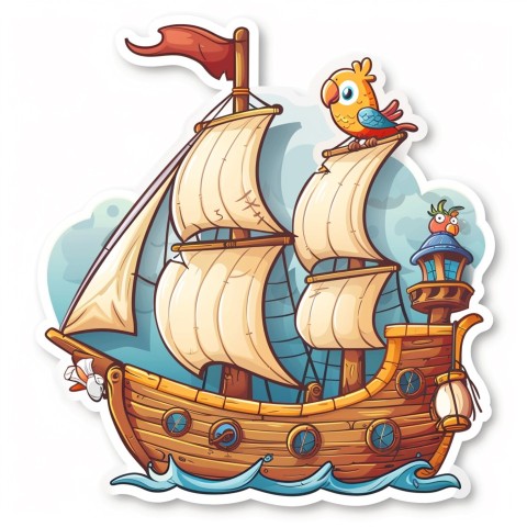 Cute Kawaii Stickers Adventurous Pirate Ship with Cheeky Parrot on White Background (144)