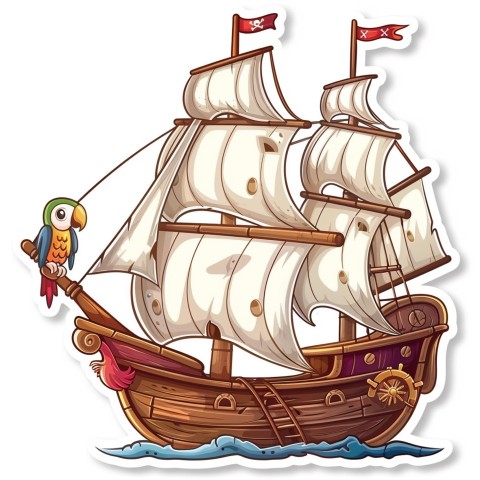 Cute Kawaii Stickers Adventurous Pirate Ship with Cheeky Parrot on White Background (155)