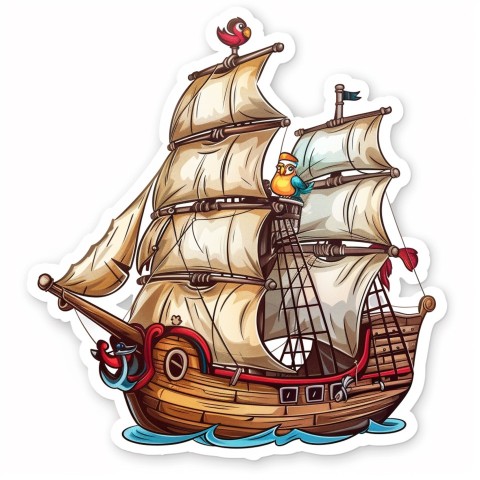 Cute Kawaii Stickers Adventurous Pirate Ship with Cheeky Parrot on White Background (152)