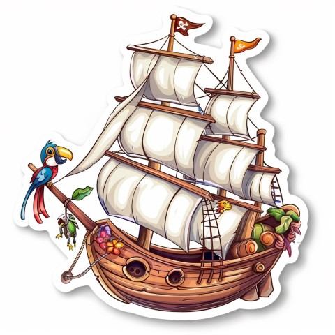 Cute Kawaii Stickers Adventurous Pirate Ship with Cheeky Parrot on White Background (160)