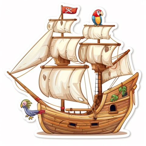 Cute Kawaii Stickers Adventurous Pirate Ship with Cheeky Parrot on White Background (173)