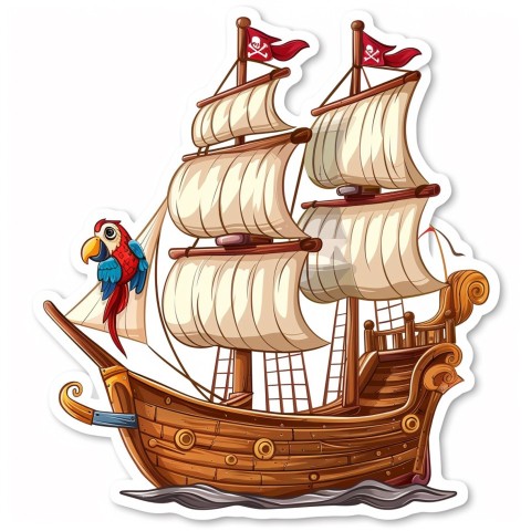 Cute Kawaii Stickers Adventurous Pirate Ship with Cheeky Parrot on White Background (178)