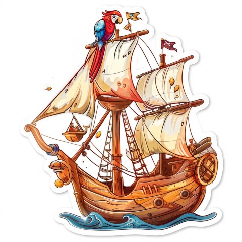 Cute Kawaii Stickers Adventurous Pirate Ship with Cheeky Parrot on White Background (172)