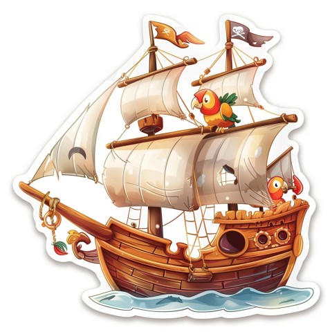 Cute Kawaii Stickers Adventurous Pirate Ship with Cheeky Parrot on White Background (174)