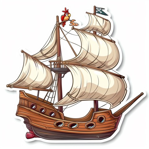 Cute Kawaii Stickers Adventurous Pirate Ship with Cheeky Parrot on White Background (192)