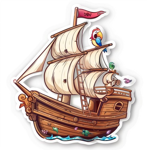 Cute Kawaii Stickers Adventurous Pirate Ship with Cheeky Parrot on White Background (10)