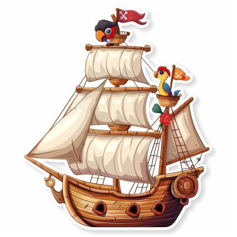 Cute Kawaii Stickers Adventurous Pirate Ship with Cheeky Parrot on White Background (11)