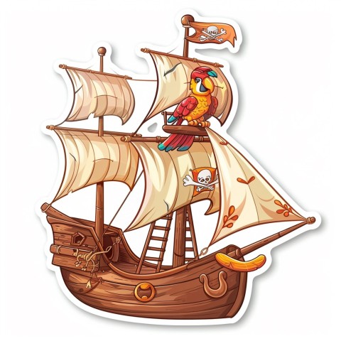 Cute Kawaii Stickers Adventurous Pirate Ship with Cheeky Parrot on White Background (5)