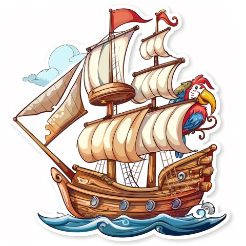 Cute Kawaii Stickers Adventurous Pirate Ship with Cheeky Parrot on White Background (24)