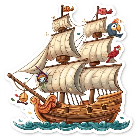 Cute Kawaii Stickers Adventurous Pirate Ship with Cheeky Parrot on White Background (35)