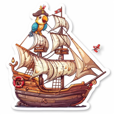 Cute Kawaii Stickers Adventurous Pirate Ship with Cheeky Parrot on White Background (29)