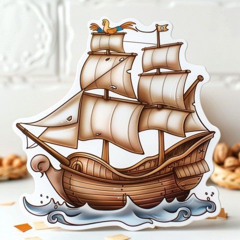 Cute Kawaii Stickers Adventurous Pirate Ship with Cheeky Parrot on White Background (23)