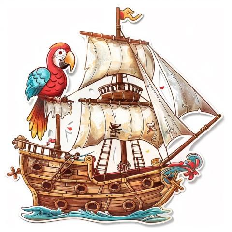 Cute Kawaii Stickers Adventurous Pirate Ship with Cheeky Parrot on White Background (36)