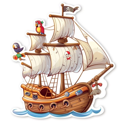 Cute Kawaii Stickers Adventurous Pirate Ship with Cheeky Parrot on White Background (57)