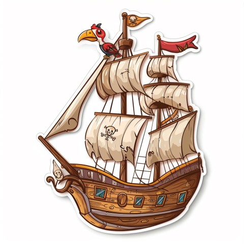 Cute Kawaii Stickers Adventurous Pirate Ship with Cheeky Parrot on White Background (56)