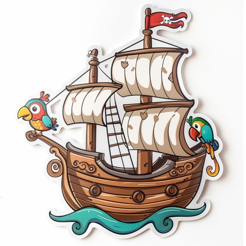 Cute Kawaii Stickers Adventurous Pirate Ship with Cheeky Parrot on White Background (60)