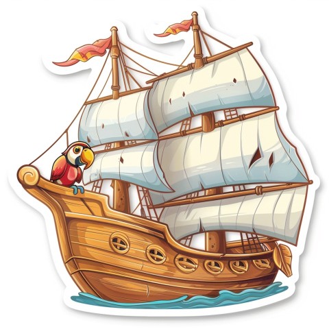 Cute Kawaii Stickers Adventurous Pirate Ship with Cheeky Parrot on White Background (59)