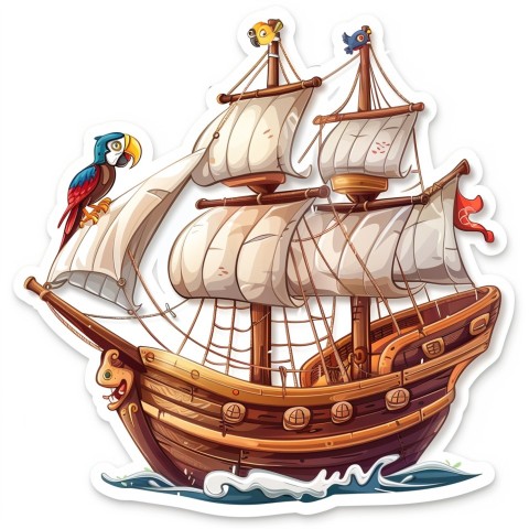 Cute Kawaii Stickers Adventurous Pirate Ship with Cheeky Parrot on White Background (47)