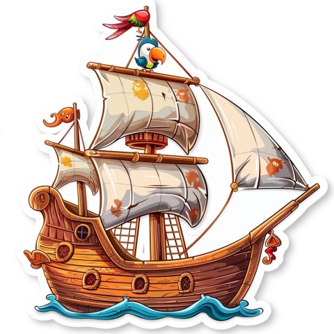 Cute Kawaii Stickers Adventurous Pirate Ship with Cheeky Parrot on White Background (51)