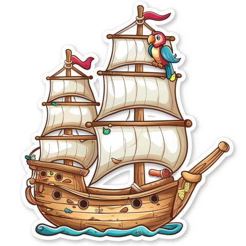 Cute Kawaii Stickers Adventurous Pirate Ship with Cheeky Parrot on White Background (65)