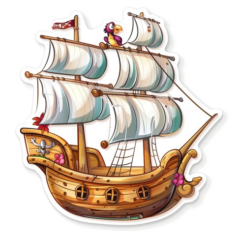 Cute Kawaii Stickers Adventurous Pirate Ship with Cheeky Parrot on White Background (72)