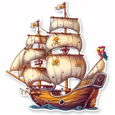 Cute Kawaii Stickers Adventurous Pirate Ship with Cheeky Parrot on White Background (71)