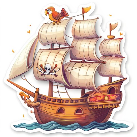 Cute Kawaii Stickers Adventurous Pirate Ship with Cheeky Parrot on White Background (64)