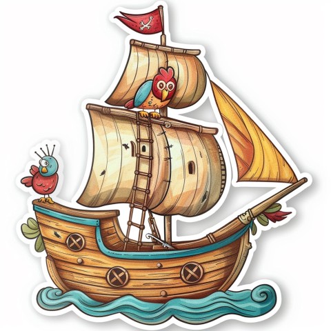 Cute Kawaii Stickers Adventurous Pirate Ship with Cheeky Parrot on White Background (67)