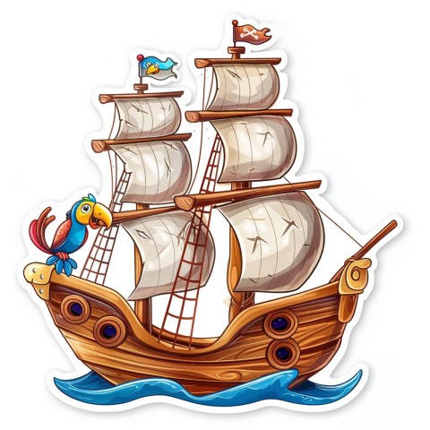 Cute Kawaii Stickers Adventurous Pirate Ship with Cheeky Parrot on White Background (62)