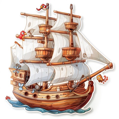 Cute Kawaii Stickers Adventurous Pirate Ship with Cheeky Parrot on White Background (80)