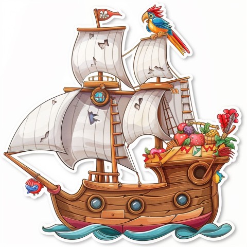 Cute Kawaii Stickers Adventurous Pirate Ship with Cheeky Parrot on White Background (78)