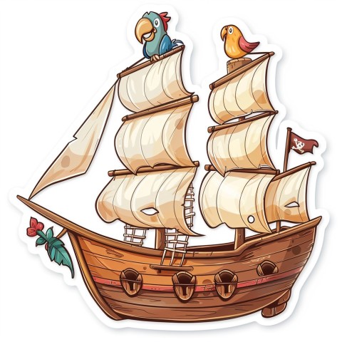 Cute Kawaii Stickers Adventurous Pirate Ship with Cheeky Parrot on White Background (94)