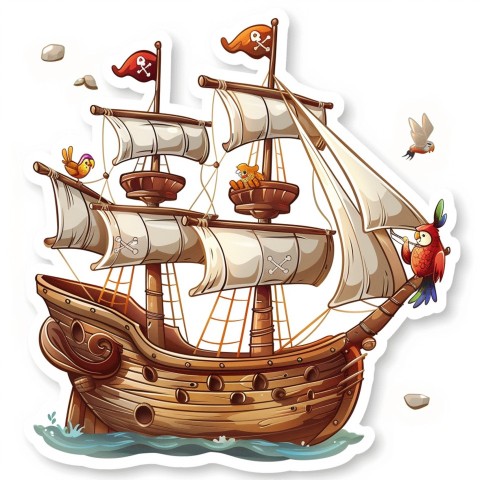 Cute Kawaii Stickers Adventurous Pirate Ship with Cheeky Parrot on White Background (97)