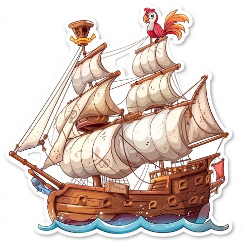 Cute Kawaii Stickers Adventurous Pirate Ship with Cheeky Parrot on White Background (184)