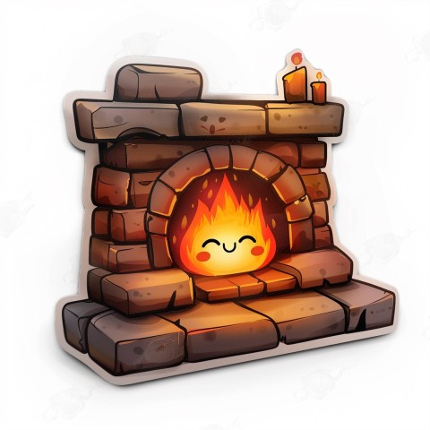 Cute Kawaii Stickers Cozy Fireplace with Smiling Flames on White Background (82)