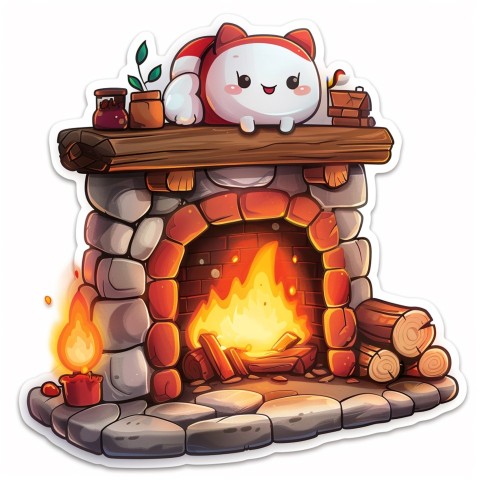 Cute Kawaii Stickers Cozy Fireplace with Smiling Flames on White Background (70)