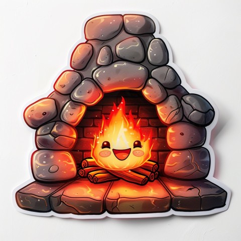 Cute Kawaii Stickers Cozy Fireplace with Smiling Flames on White Background (64)