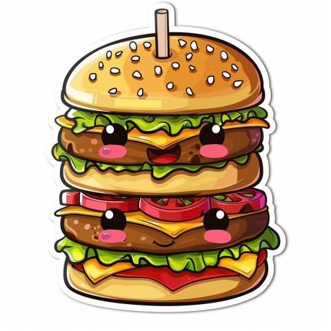 Cute Kawaii Stickers Hamburger with Expressive Layers on White Background (44)