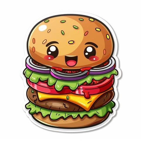 Cute Kawaii Stickers Hamburger with Expressive Layers on White Background (110)