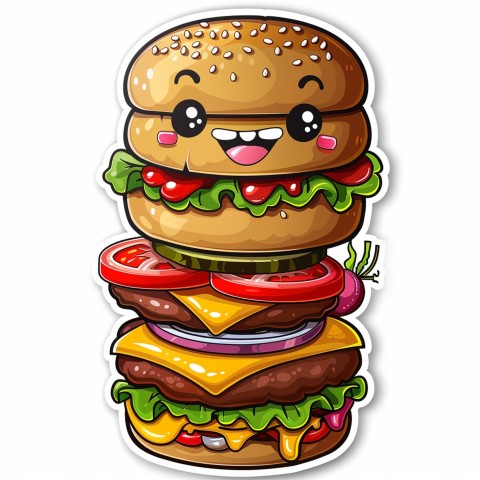 Cute Kawaii Stickers Hamburger with Expressive Layers on White Background (120)