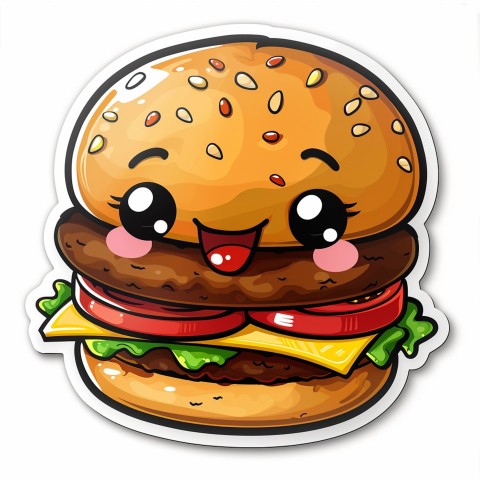 Cute Kawaii Stickers Hamburger with Expressive Layers on White Background (122)