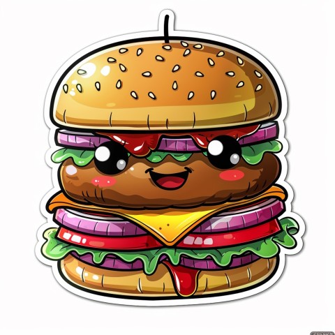 Cute Kawaii Stickers Hamburger with Expressive Layers on White Background (157)