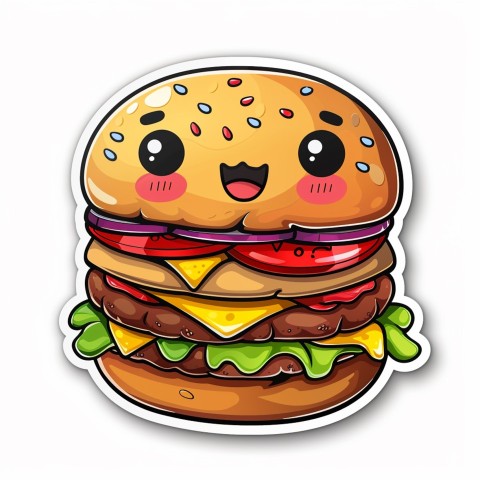 Cute Kawaii Stickers Hamburger with Expressive Layers on White Background (141)