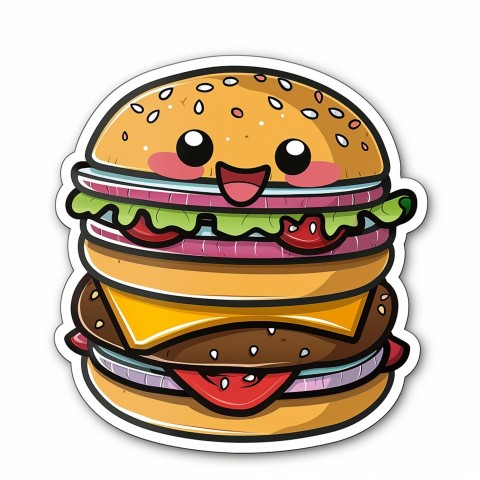 Cute Kawaii Stickers Hamburger with Expressive Layers on White Background (171)