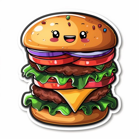 Cute Kawaii Stickers Hamburger with Expressive Layers on White Background (162)