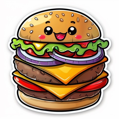 Cute Kawaii Stickers Hamburger with Expressive Layers on White Background (186)