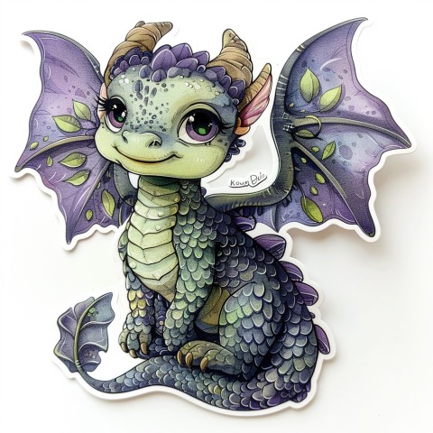 Cute Kawaii Stickers Mischievous Dragon with Tiny Wings on White Background (34)