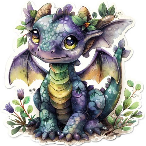 Cute Kawaii Stickers Mischievous Dragon with Tiny Wings on White Background (29)