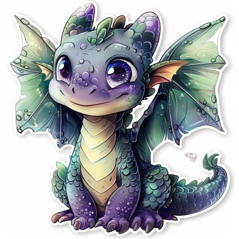 Cute Kawaii Stickers Mischievous Dragon with Tiny Wings on White Background (96)